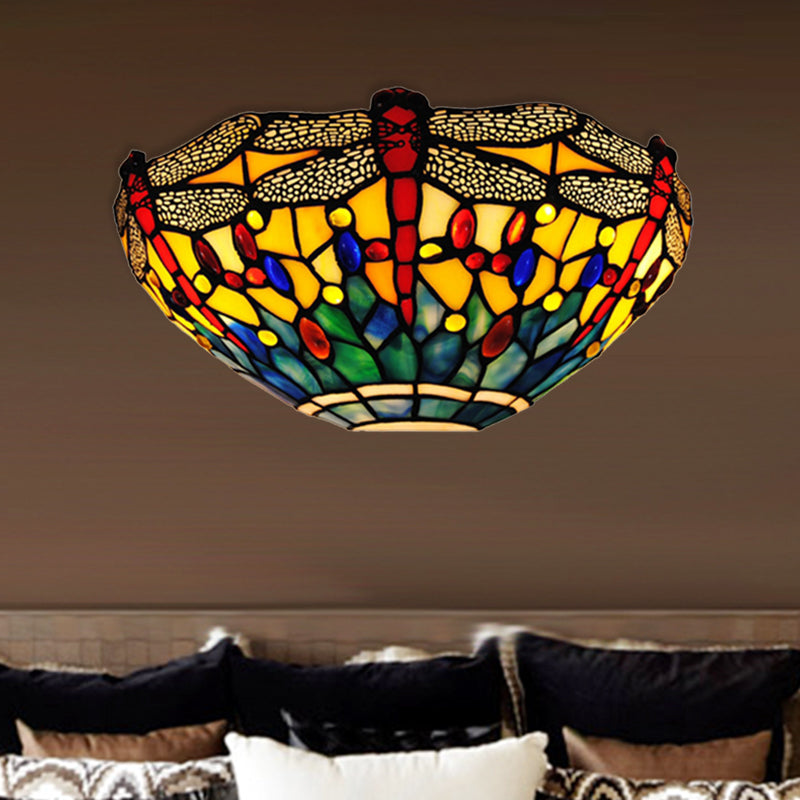 Lisslune | Dragonfly Wall Light Rustic Lodge Stained Glass 1 Light Wall Mount Lighting in Yellow and Green