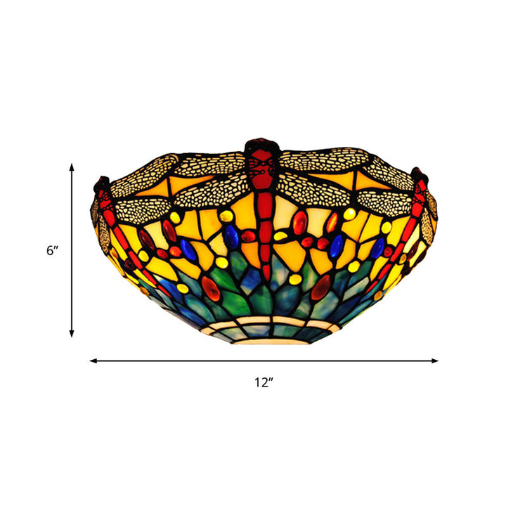 Lisslune | Dragonfly Wall Light Rustic Lodge Stained Glass 1 Light Wall Mount Lighting in Yellow and Green