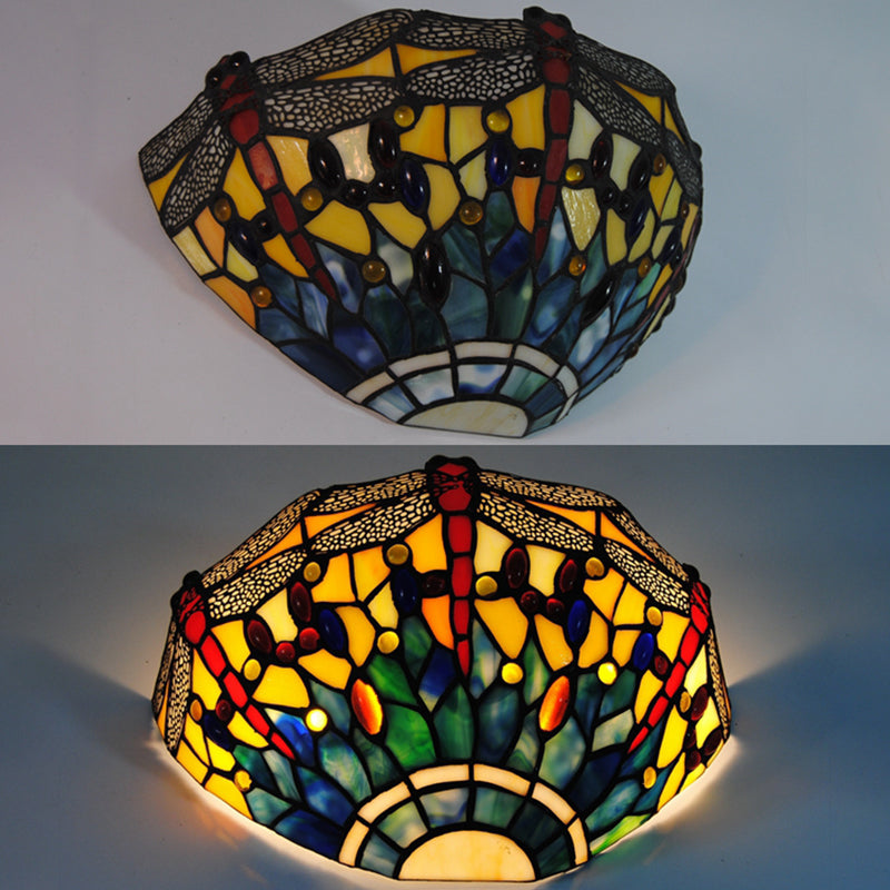 Lisslune | Dragonfly Wall Light Rustic Lodge Stained Glass 1 Light Wall Mount Lighting in Yellow and Green