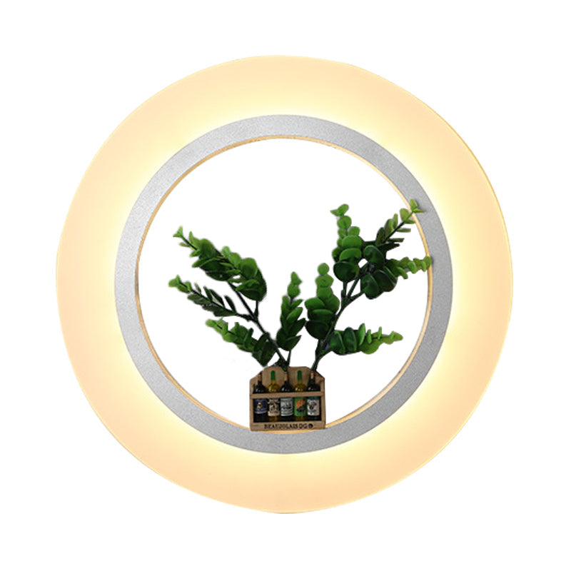 Skørter | Acrylic Ring Wall Lamp with Plants Dec - Contemporary Wall Lighting in White for Study Room