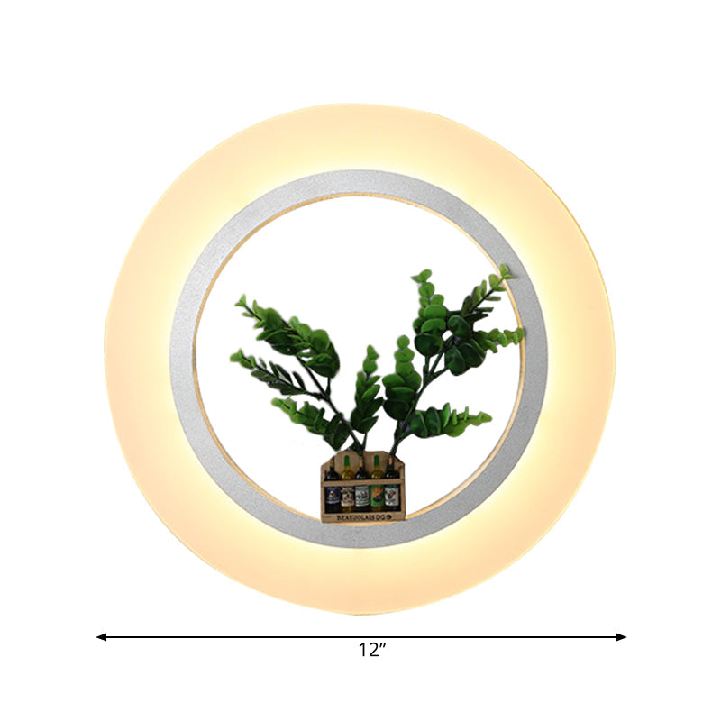 Skørter | Acrylic Ring Wall Lamp with Plants Dec - Contemporary Wall Lighting in White for Study Room