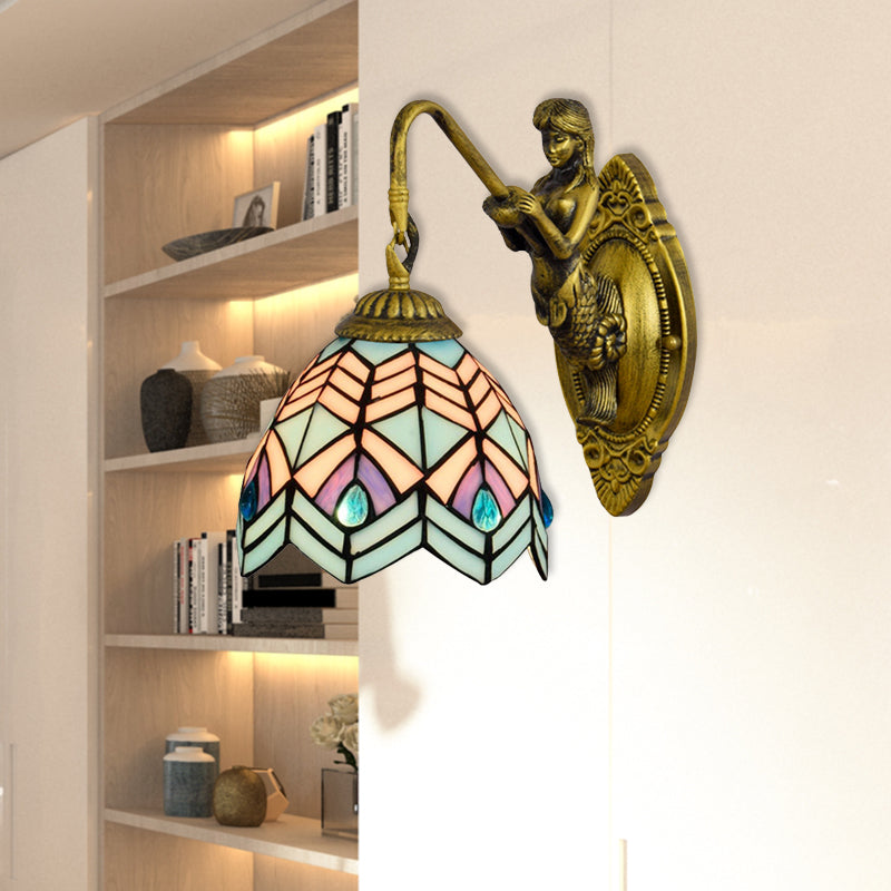 Lisslune | Peacock Tail Wall Lamp Tiffany Multicolor Etched Glass 1 Head Antique Brass Wall Mount Lamp