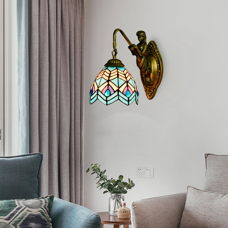 Lisslune | Peacock Tail Wall Lamp Tiffany Multicolor Etched Glass 1 Head Antique Brass Wall Mount Lamp