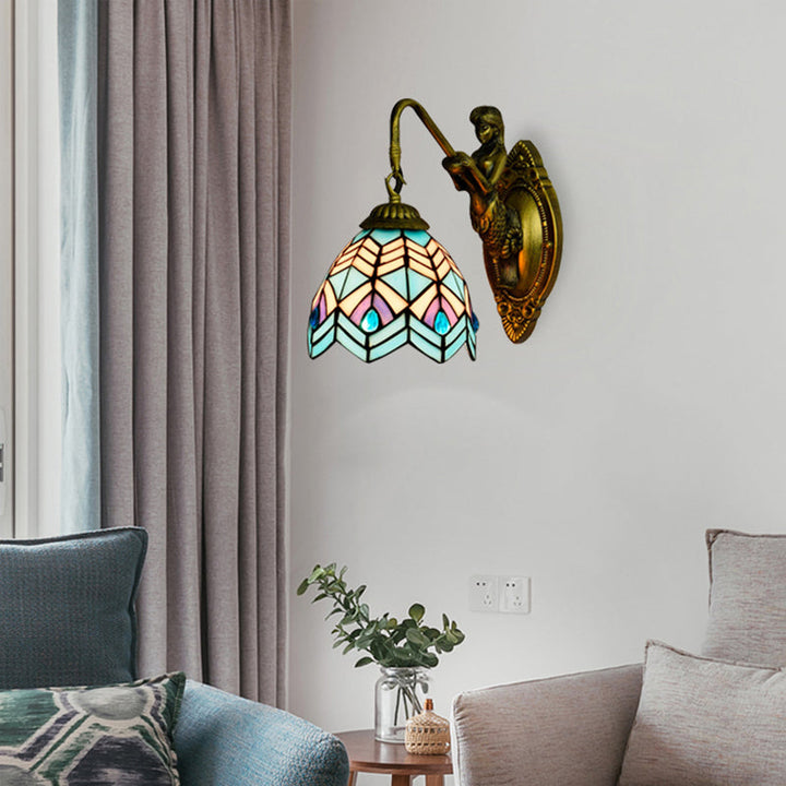 Lisslune | Peacock Tail Wall Lamp Tiffany Multicolor Etched Glass 1 Head Antique Brass Wall Mount Lamp