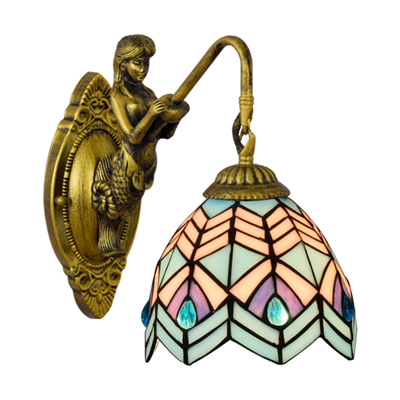 Lisslune | Peacock Tail Wall Lamp Tiffany Multicolor Etched Glass 1 Head Antique Brass Wall Mount Lamp