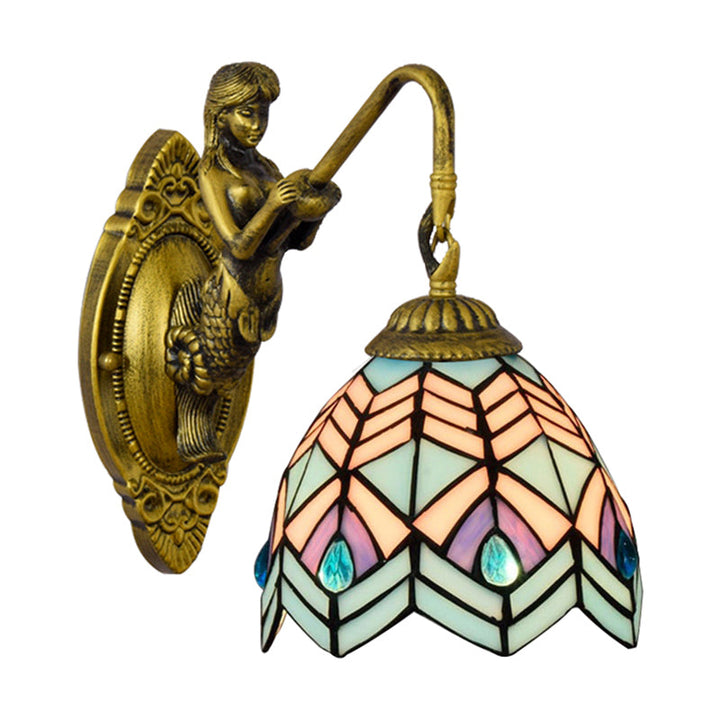 Lisslune | Peacock Tail Wall Lamp Tiffany Multicolor Etched Glass 1 Head Antique Brass Wall Mount Lamp