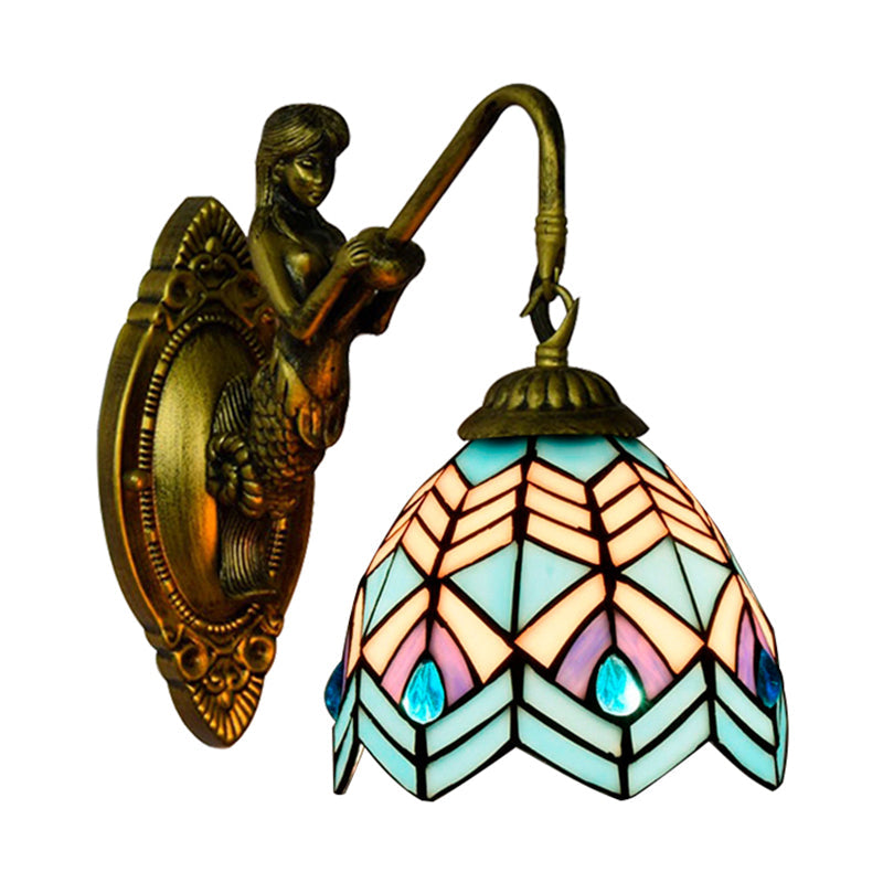 Lisslune | Peacock Tail Wall Lamp Tiffany Multicolor Etched Glass 1 Head Antique Brass Wall Mount Lamp