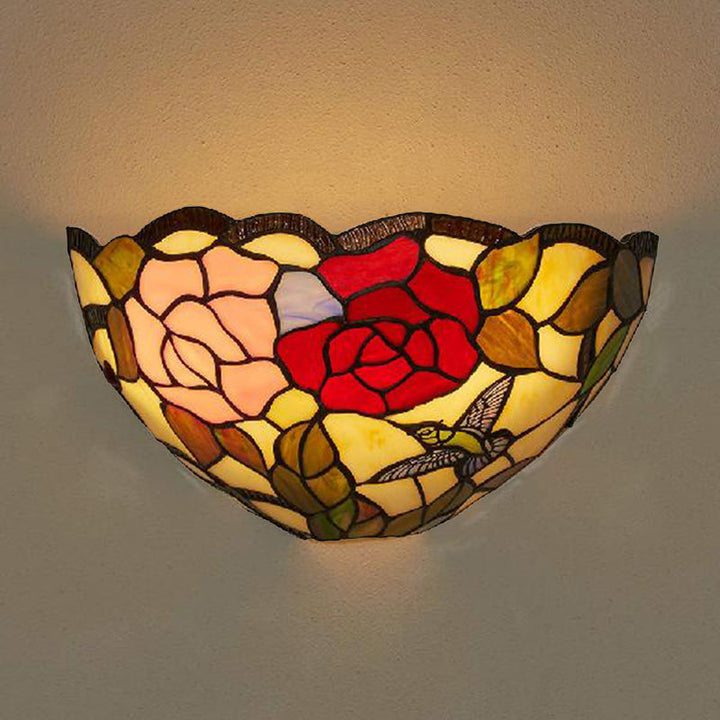 Lisslune | Rose pattern wall-mounted light with bowl shade 1 light stained glass lodge Tiffany wall lamp