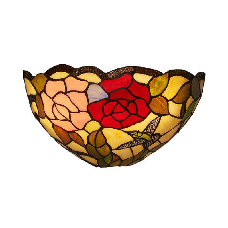 Lisslune | Rose pattern wall-mounted light with bowl shade 1 light stained glass lodge Tiffany wall lamp