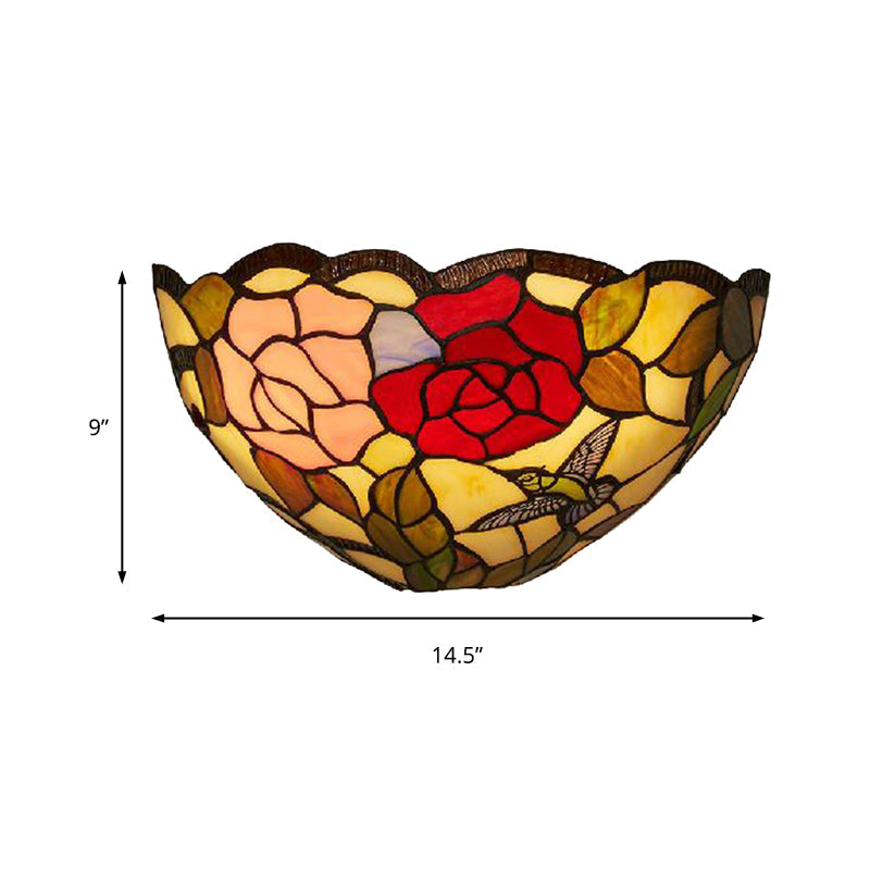 Lisslune | Rose pattern wall-mounted light with bowl shade 1 light stained glass lodge Tiffany wall lamp