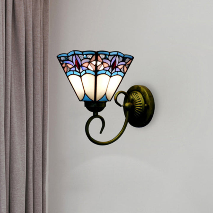 Skørter | 1 Head Wall Light Fixture Tiffany Cone Purple-Blue Glass Wall Lamp with Scroll Arm