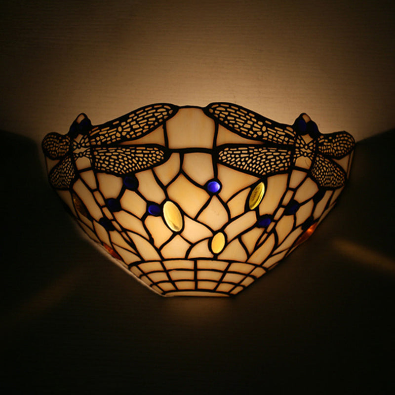 Lisslune | White Wall Lamp Country Style 1 Light Wall Lamp with Dragonfly Pattern for Bedroom