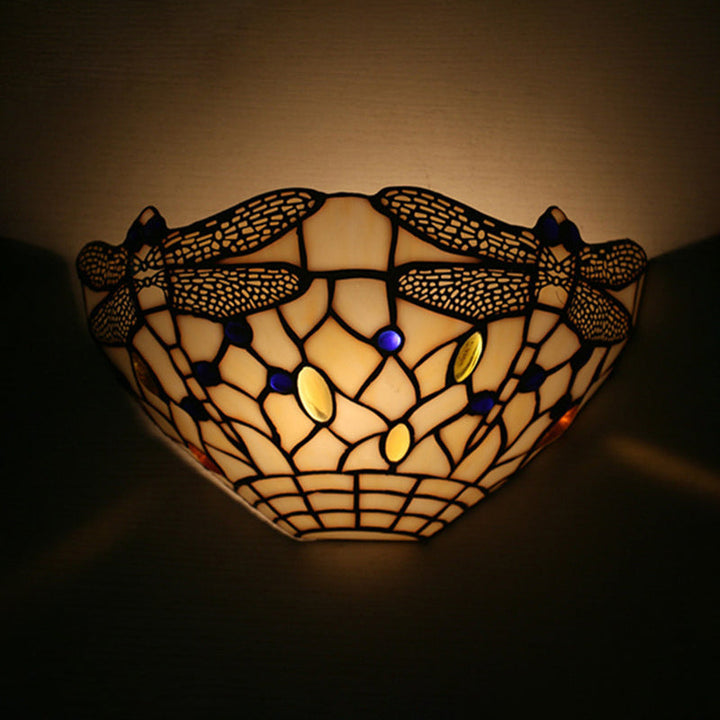 Lisslune | White Wall Lamp Country Style 1 Light Wall Lamp with Dragonfly Pattern for Bedroom