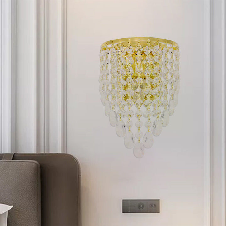 Lisslune | 10"/15" W Z tapered wall lamp Vintage Metal 1 Lamp Gold Sconces with Clear Crystal Draping