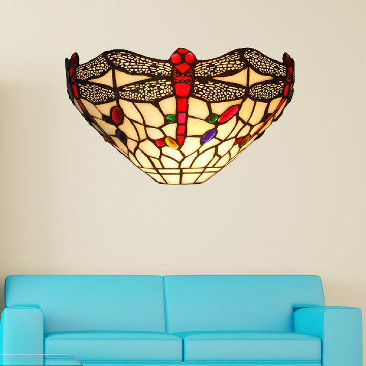 Lisslune | Art Deco Dragonfly Wall Lamp with Bowl Shade 1 Light Rustic Colored Glass Wall Lamp in White