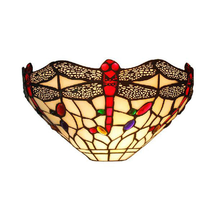Lisslune | Art Deco Dragonfly Wall Lamp with Bowl Shade 1 Light Rustic Colored Glass Wall Lamp in White