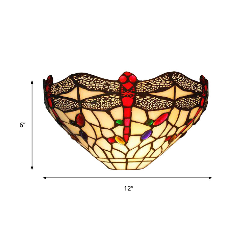 Lisslune | Art Deco Dragonfly Wall Lamp with Bowl Shade 1 Light Rustic Colored Glass Wall Lamp in White