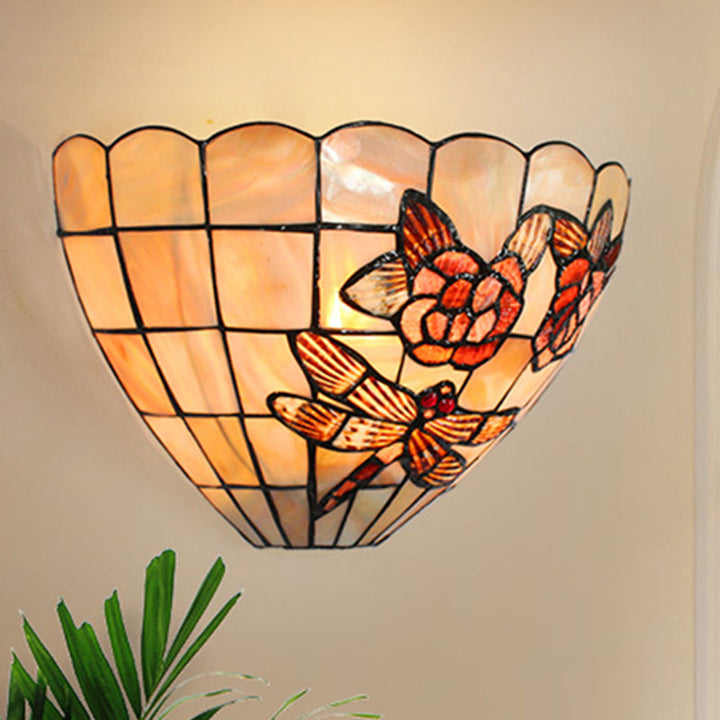Lisslune | Beige Wall Lamp with Bowl Shade Tiffany Style Handmade Shell Wall Lamp Light with Rose and Dragonfly Pattern