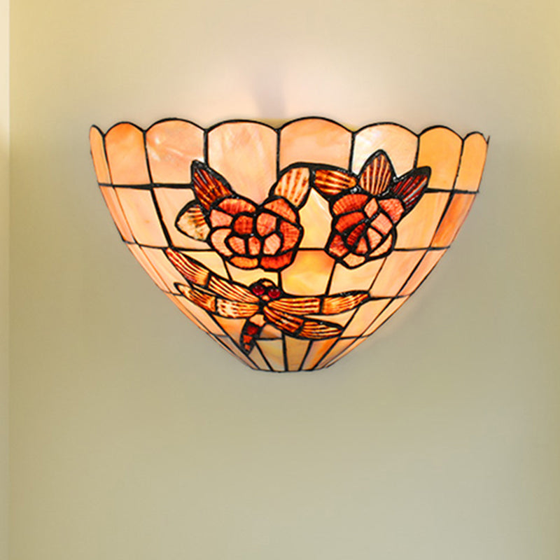 Lisslune | Beige Wall Lamp with Bowl Shade Tiffany Style Handmade Shell Wall Lamp Light with Rose and Dragonfly Pattern