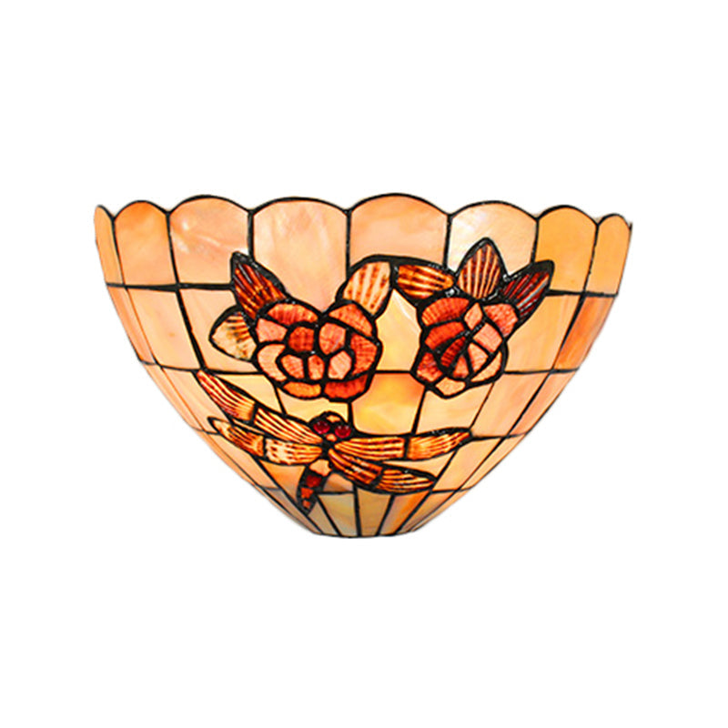 Lisslune | Beige Wall Lamp with Bowl Shade Tiffany Style Handmade Shell Wall Lamp Light with Rose and Dragonfly Pattern