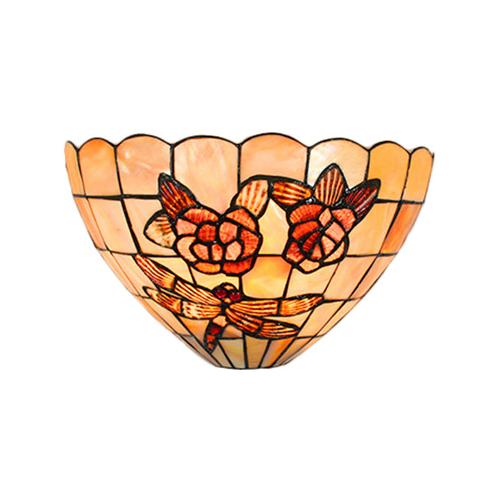 Lisslune | Beige Wall Lamp with Bowl Shade Tiffany Style Handmade Shell Wall Lamp Light with Rose and Dragonfly Pattern