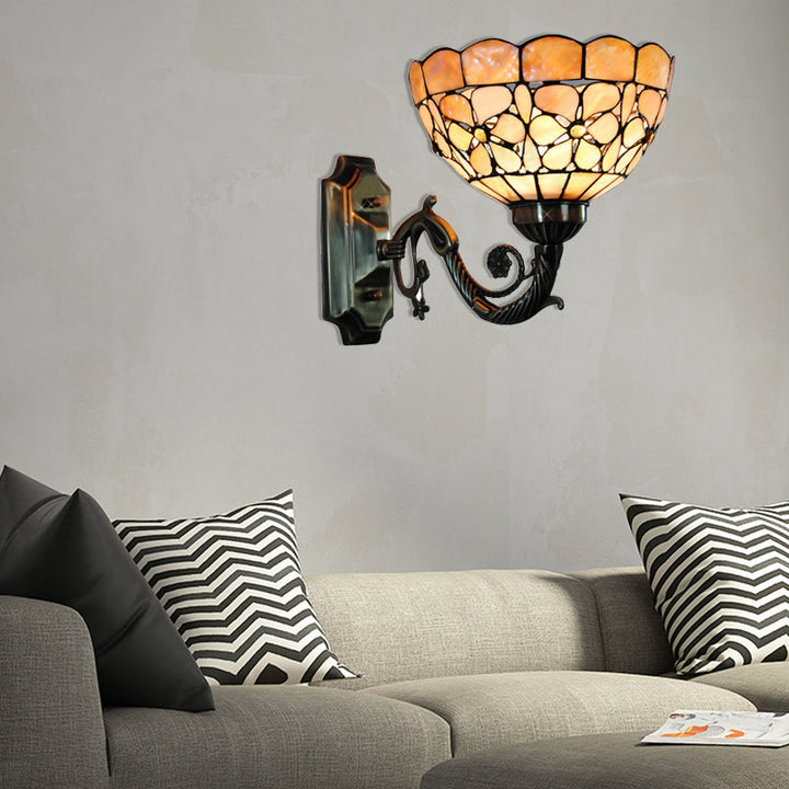 Lisslune | 1 Head Wall Lamp Tiffany Bowl Orange Shell Wall Lamp with Curved Arm