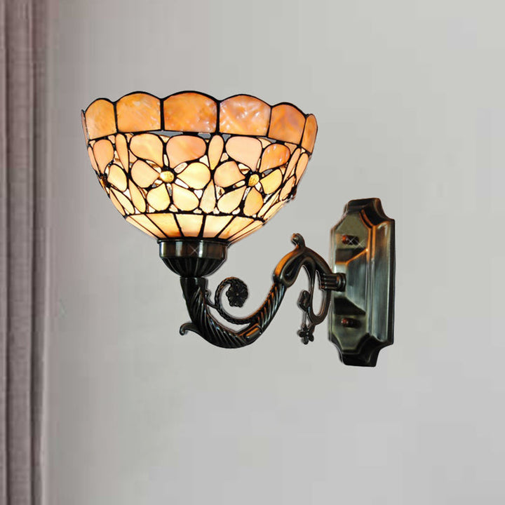 Lisslune | 1 Head Wall Lamp Tiffany Bowl Orange Shell Wall Lamp with Curved Arm