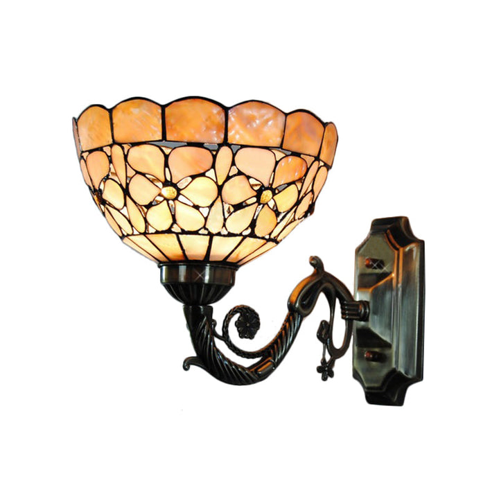 Lisslune | 1 Head Wall Lamp Tiffany Bowl Orange Shell Wall Lamp with Curved Arm