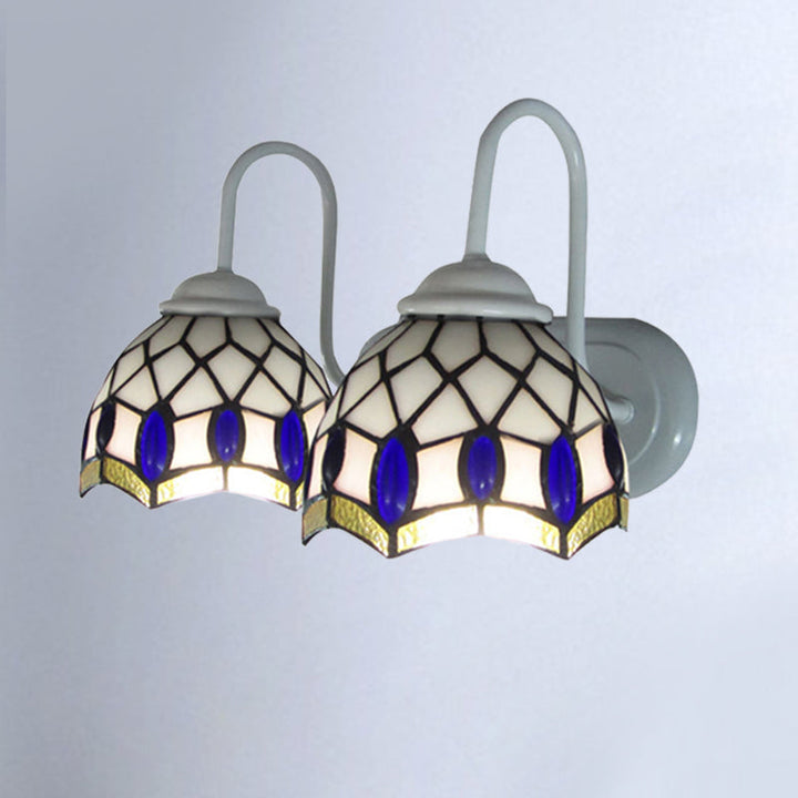 Lisslune | White Dome Wall Lamp Tiffany 2 Heads Speckled Glass Wall Mounted Lamp with Blue Ornament Decoration