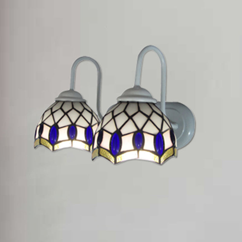Lisslune | White Dome Wall Lamp Tiffany 2 Heads Speckled Glass Wall Mounted Lamp with Blue Ornament Decoration
