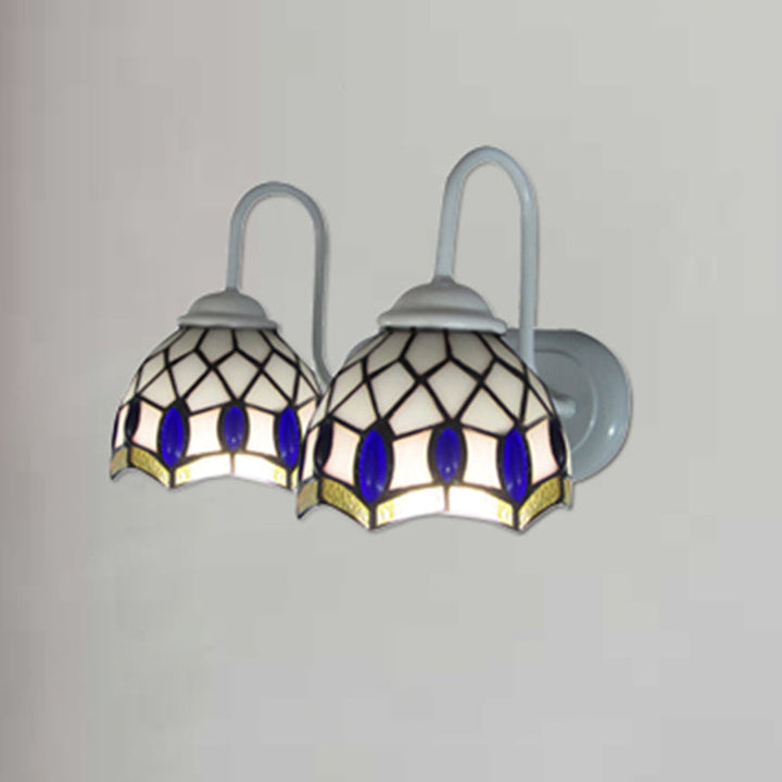 Lisslune | White Dome Wall Lamp Tiffany 2 Heads Speckled Glass Wall Mounted Lamp with Blue Ornament Decoration