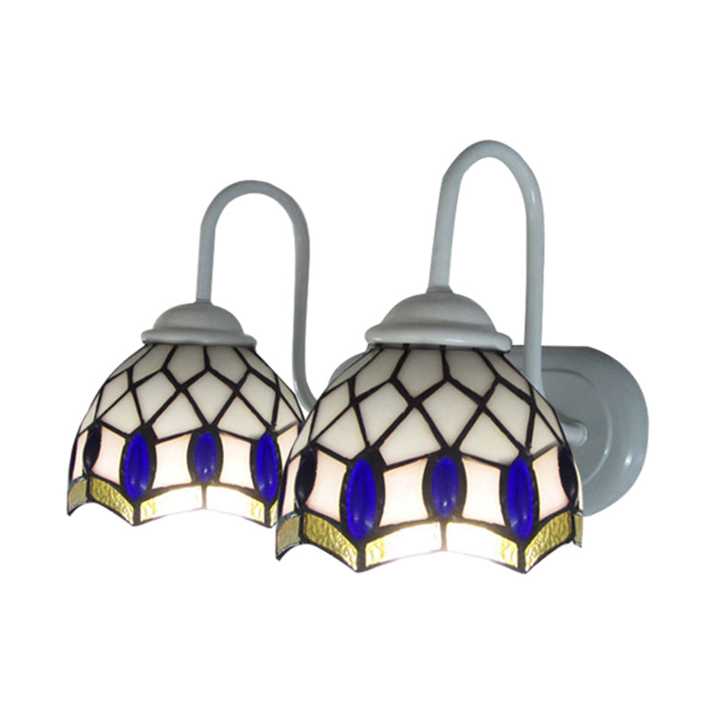 Lisslune | White Dome Wall Lamp Tiffany 2 Heads Speckled Glass Wall Mounted Lamp with Blue Ornament Decoration