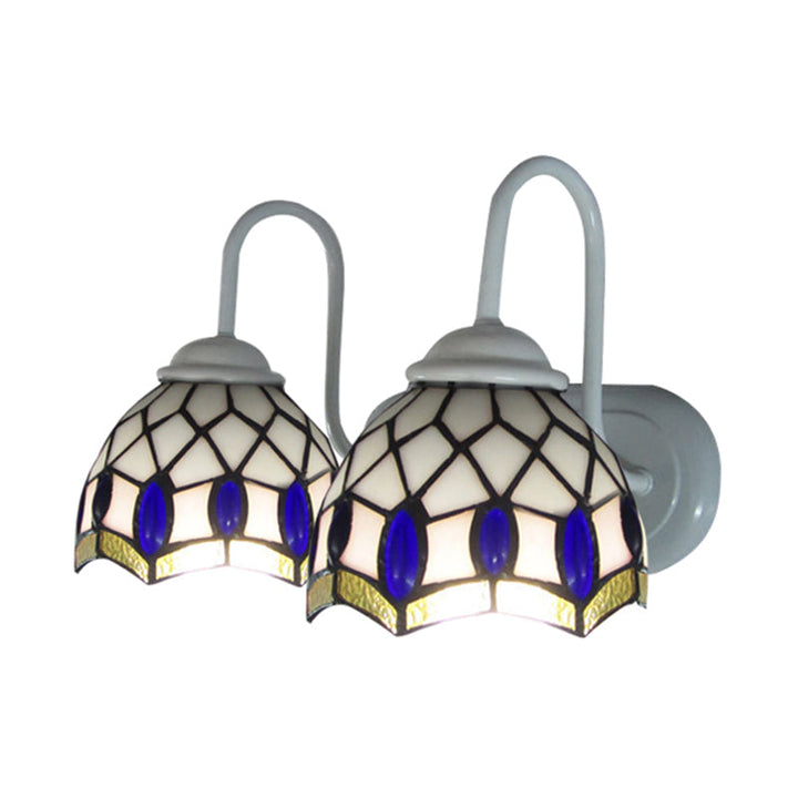 Lisslune | White Dome Wall Lamp Tiffany 2 Heads Speckled Glass Wall Mounted Lamp with Blue Ornament Decoration