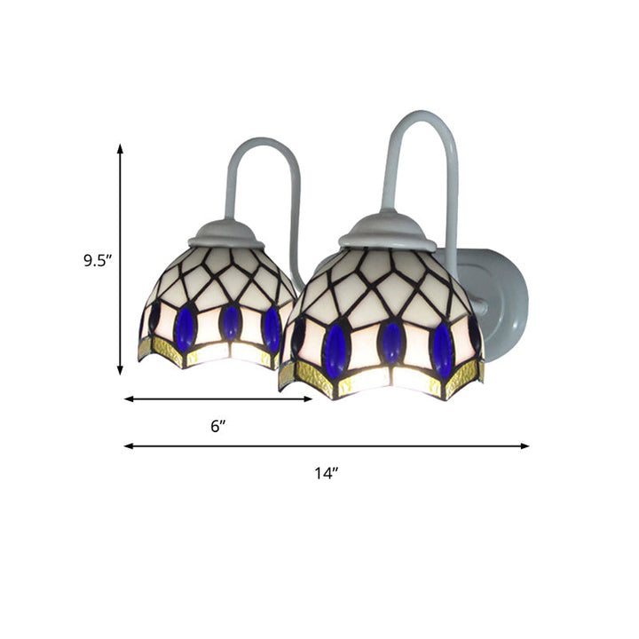 Lisslune | White Dome Wall Lamp Tiffany 2 Heads Speckled Glass Wall Mounted Lamp with Blue Ornament Decoration