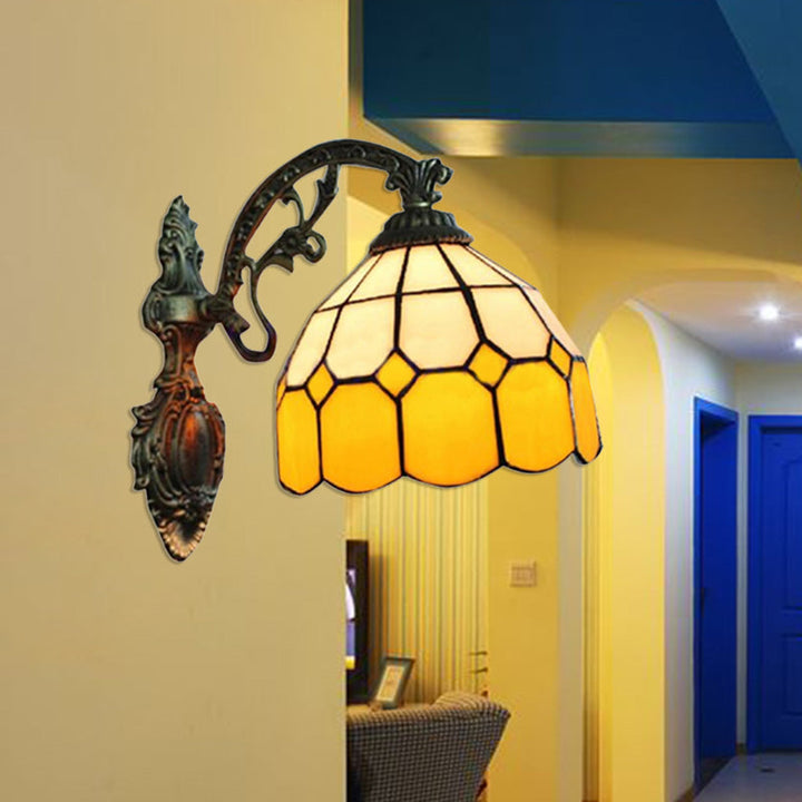 Lisslune | Yellow Dome Wall Mount Lighting Tiffany Style 1 Light Wall Sconce Lamp with Curved Arm