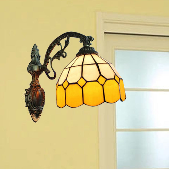 Lisslune | Yellow Dome Wall Mount Lighting Tiffany Style 1 Light Wall Sconce Lamp with Curved Arm