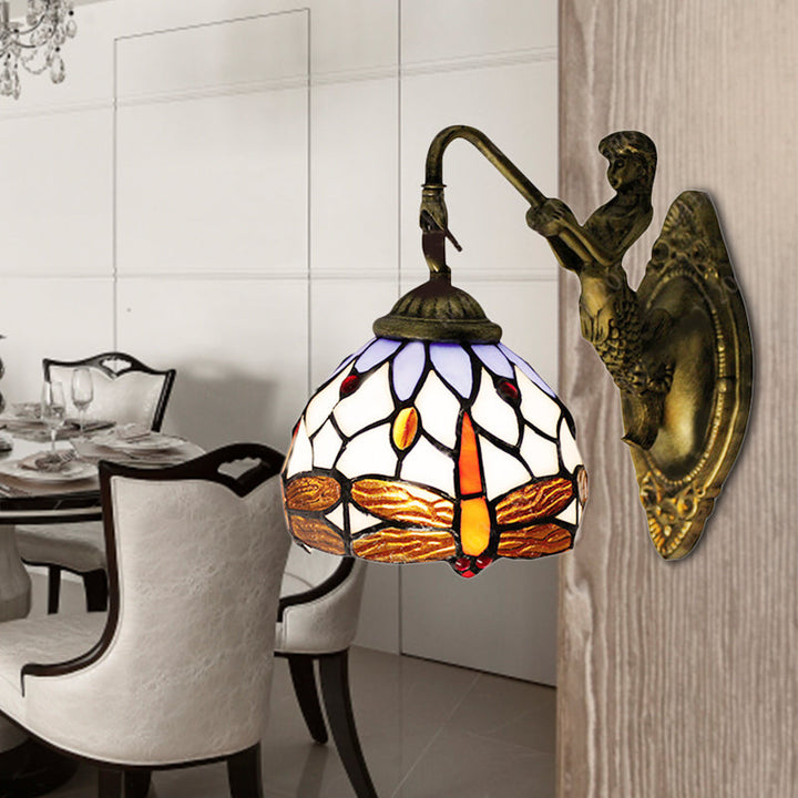 Lisslune | Antique Brass Dragonfly Wall Lamp Tiffany 1 Head White Glass Wall-Mounted Lighting