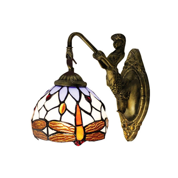 Lisslune | Antique Brass Dragonfly Wall Lamp Tiffany 1 Head White Glass Wall-Mounted Lighting