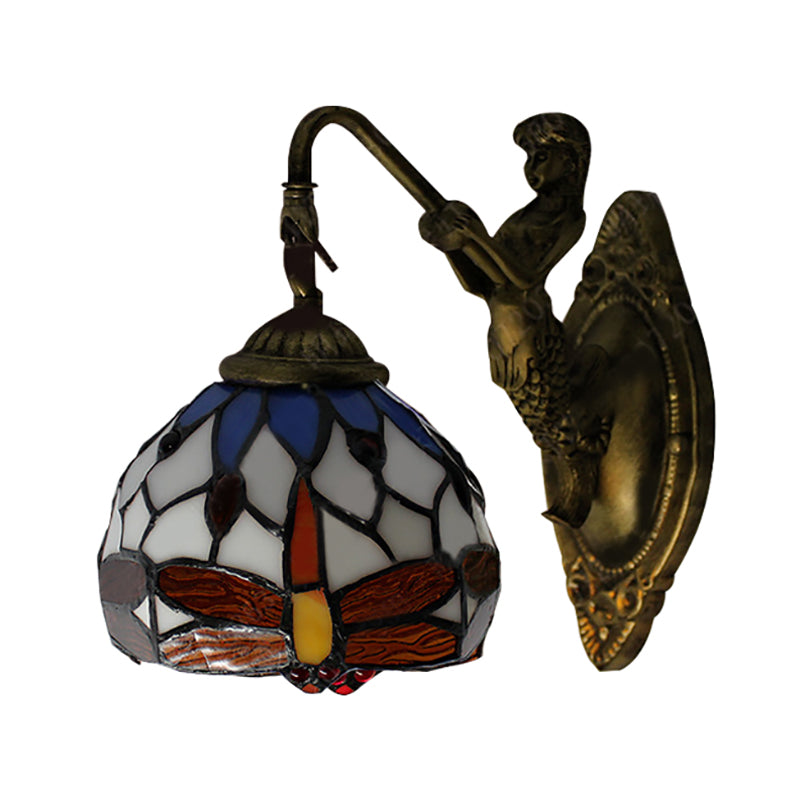 Lisslune | Antique Brass Dragonfly Wall Lamp Tiffany 1 Head White Glass Wall-Mounted Lighting