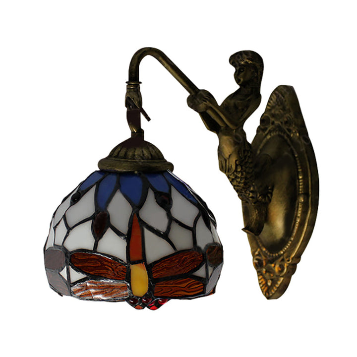 Lisslune | Antique Brass Dragonfly Wall Lamp Tiffany 1 Head White Glass Wall-Mounted Lighting
