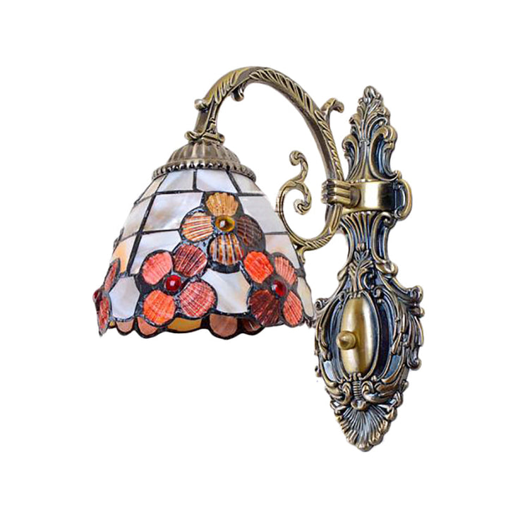 Lisslune | Bowl-shaped Wall-mounted Light with Stained Glass 1-Light Wall Lighting with Floral Pattern in Antique Brass