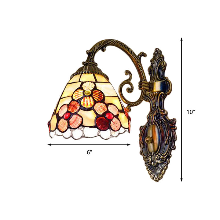 Lisslune | Bowl-shaped Wall-mounted Light with Stained Glass 1-Light Wall Lighting with Floral Pattern in Antique Brass
