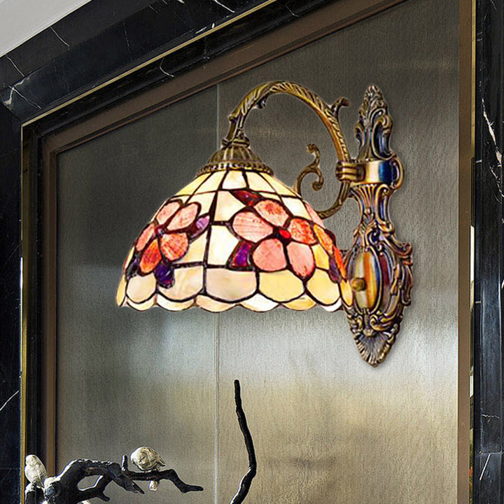 Lisslune | Bowl-shaped Wall-mounted Light with Stained Glass 1-Light Wall Lighting with Floral Pattern in Antique Brass