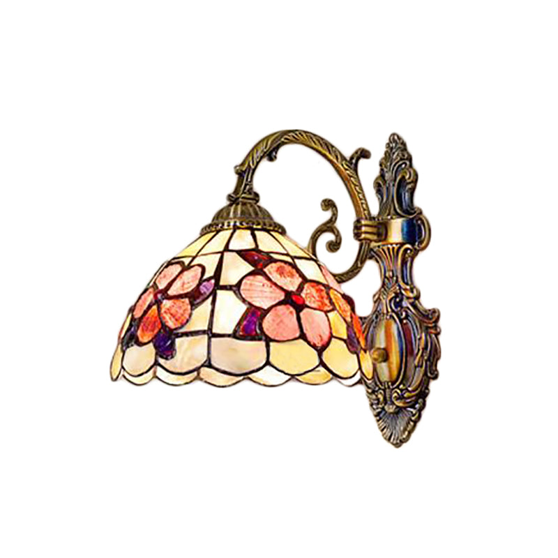 Lisslune | Bowl-shaped Wall-mounted Light with Stained Glass 1-Light Wall Lighting with Floral Pattern in Antique Brass