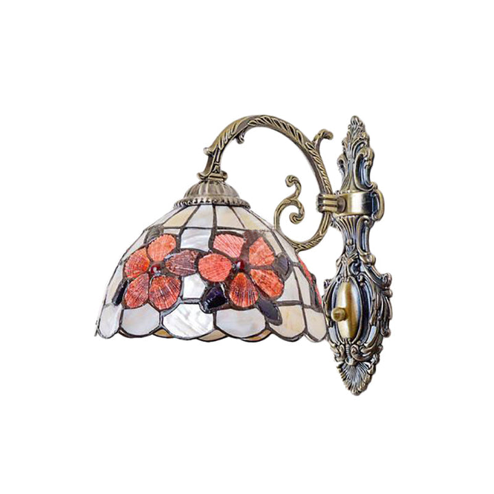 Lisslune | Bowl-shaped Wall-mounted Light with Stained Glass 1-Light Wall Lighting with Floral Pattern in Antique Brass