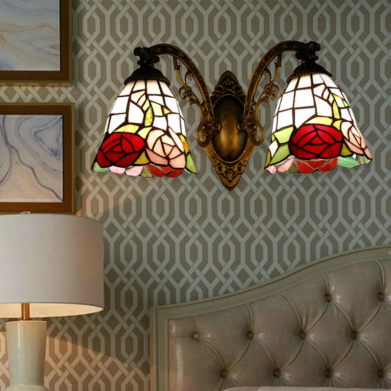 Lisslune | Tiffany Style Wall Lamp Glass Painted 2 Lights Wall Lamp with Rose Pattern in Bronze Finish