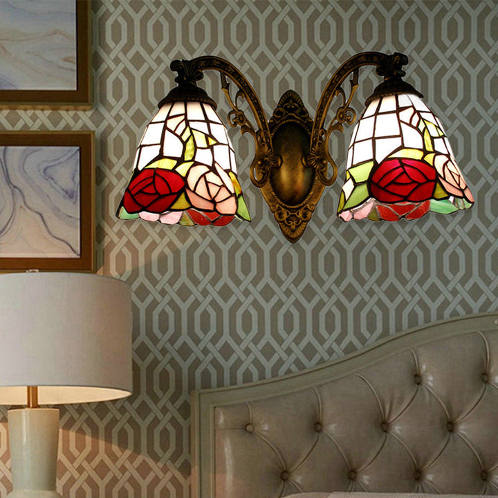 Lisslune | Tiffany Style Wall Lamp Glass Painted 2 Lights Wall Lamp with Rose Pattern in Bronze Finish
