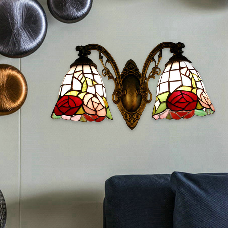 Lisslune | Tiffany Style Wall Lamp Glass Painted 2 Lights Wall Lamp with Rose Pattern in Bronze Finish