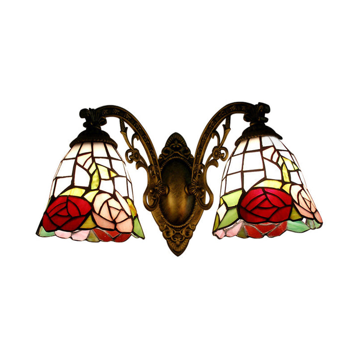 Lisslune | Tiffany Style Wall Lamp Glass Painted 2 Lights Wall Lamp with Rose Pattern in Bronze Finish