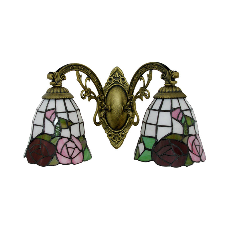 Lisslune | Tiffany Style Wall Lamp Glass Painted 2 Lights Wall Lamp with Rose Pattern in Bronze Finish